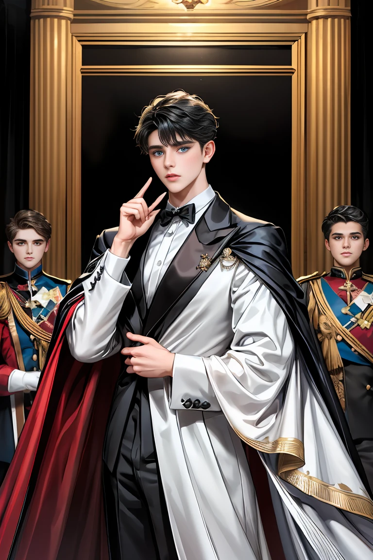masterpiece, 最high quality, high quality, 1 boy, alone, Male focus, Watching the audience, Messy black hair, Adorable big blue eyes, White, Noble, Noble,A sexy, voluminous, puffy cape、tuxedo、A very voluminous, large, very large, very large, long, long red and black cape with a high stand-up collar, made of a lot of fabric that reaches down to the floor., 17 years old,Cute beautiful boys,Cute, cute, kind, handsome guy