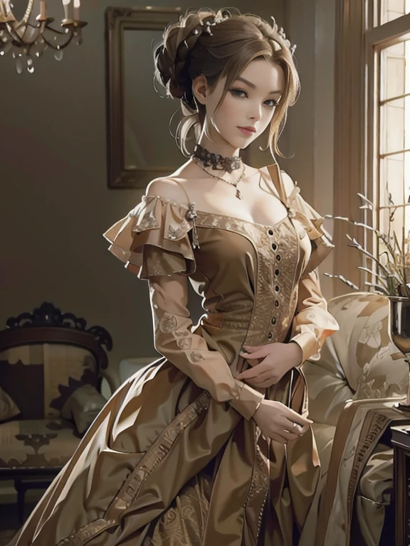 (Pure Color: 0.9), (Color: 1.1), (Masterpiece: 1,2), Top Quality, Masterpiece, High Resolution, Original, Highly Detailed Wallpaper, Beauty, Victorian, Dress, Melancholy, slender body, medium Breasts, Sepia Color, 25 years old