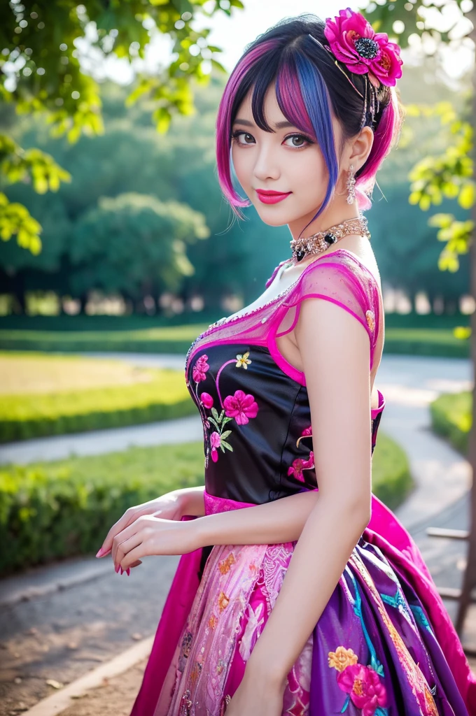 (masterpiece:1.4), (best quality:1.4), ultra high res, ultra high resolution, ((ultra detailed facial features)), HDR, (realistic, photorealistic, photo-realistic:1.37), full body Esbian, sexy Swedish model, (-anime), vivid colors, ((vivid colors multicolor (fuchsia, pink, light blue, purple) very short hair)), (big smile), ultra detailed metallic makeup, lip-gloss, long lashes, defined eyebrows, wearing large sparkling colorful jewelery, wearing a red silk Paradise Kiss cosplay dress with black floral embroidery, ((vivid colors outfit)), vivid colors, look at the camera, cinematic light, large park background with trees, sweet and sexy pose