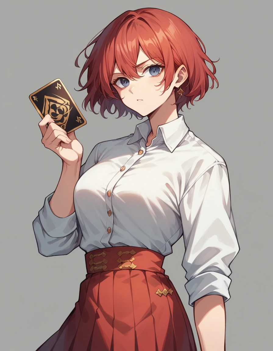 Anime girl with short red hair that reaches the nape of her neck. White shirt with gold embroidery and red skirt.., fierce blue eyes, There is 1 black card in the main character.'hand., The background is a fierce and powerful flame.
