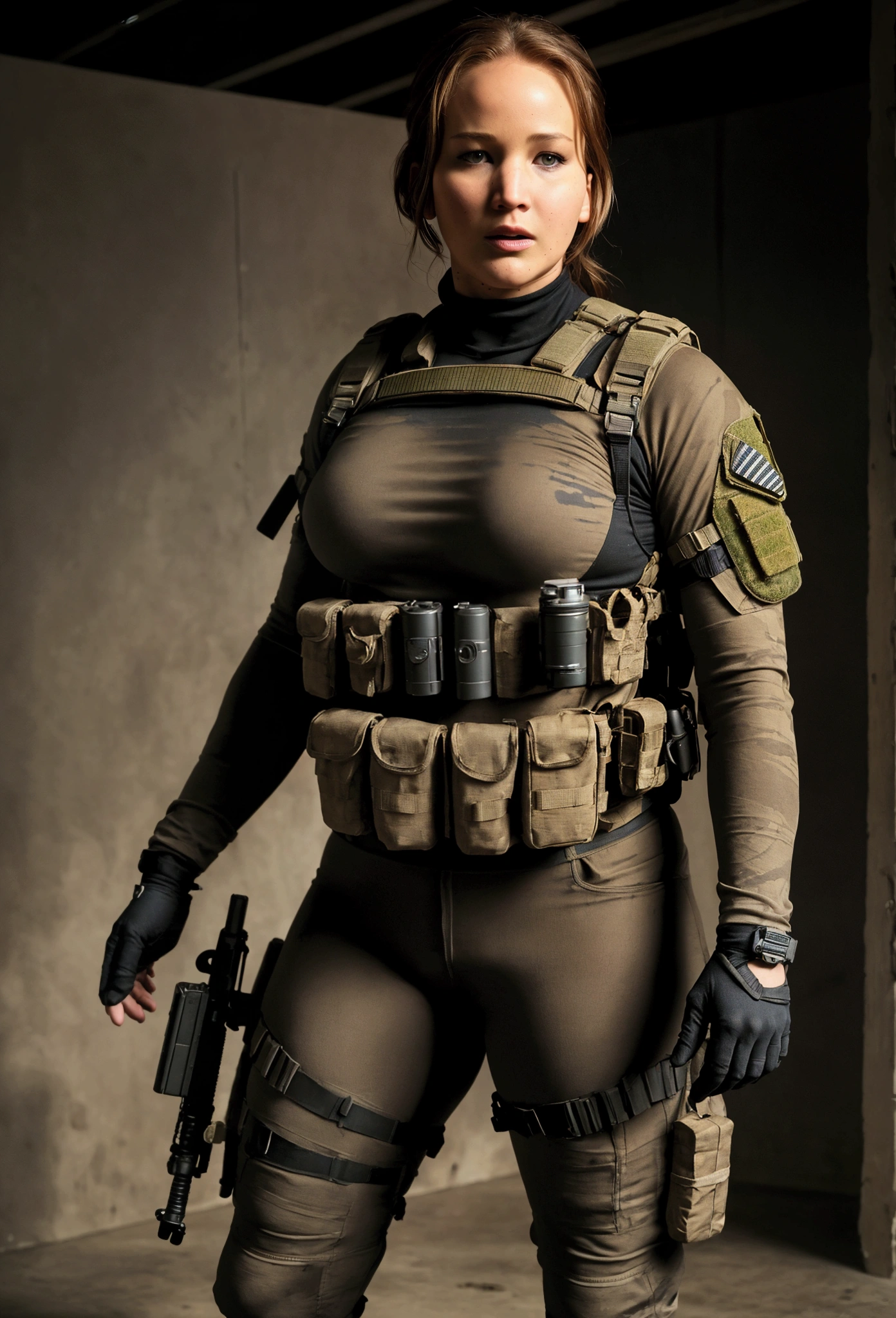 a 45 year old woman in special forces outfit, Jennifer Lawrence curvy strong figure, full body photo, expressive eyes, perfect face, (realistic:1.37), detailed, hyper-realistic, dramatic shadows, gritty, military, ghost recon, tactical gear, moody atmosphere, angry, brown hair, brown hair, streaked hair, streaked hair, brown hair, brown hair, furrowed brow, frown, (photorealistic:1.37), cinematic lighting, Ultra-Wide Angle, Ultra-Wide Angle, wide shot, best quality, (masterpiece:1.2), high quality