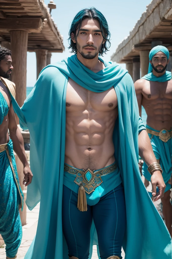 Atlantean men wearing turquoise blue fabric