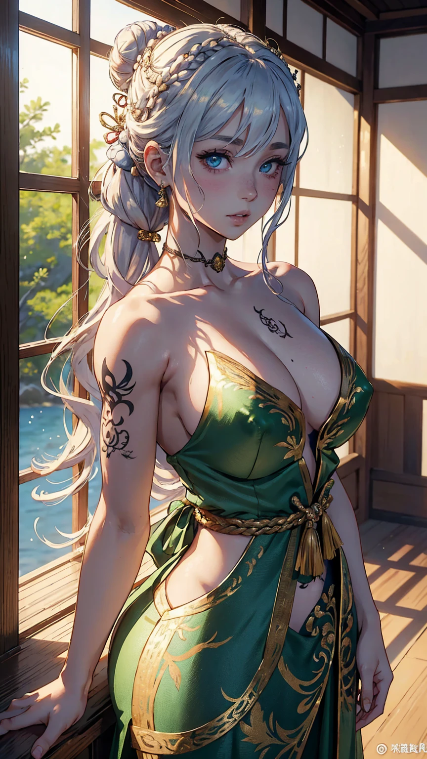 (masterpiece best quality:1.4),1girll, (Chinese text tattoo:1.5), solo, hair flower, long whitr hair, eBlue eyes, looking at viewert, mediuml breasts, Tattooed with, brunette color hair, tassels, exposed bare shoulders, By bangs, 耳Nipple Ring, inside in room, Nape, cropped shoulders, jewely, eyeslashes, cparted lips, contours, hair-bun, , single hair bun,green gold embroidered clothes,Japanese-style family environment, Daenerys Targaryen,