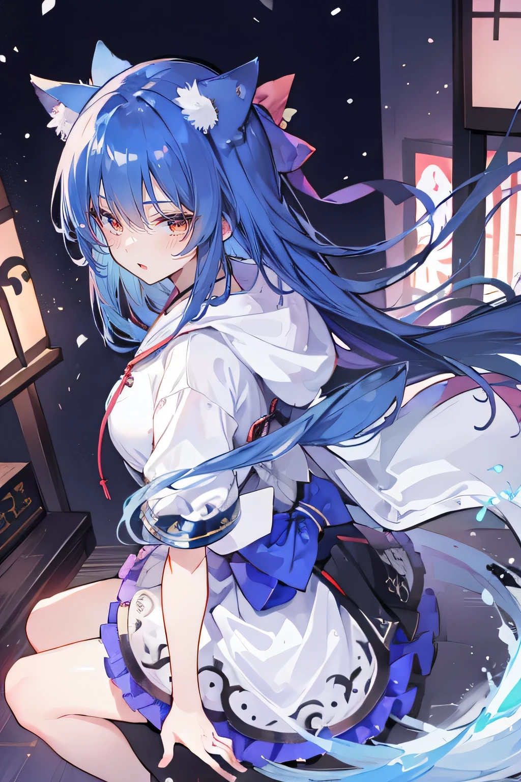 （masterpiece：1.2），Super detailed，lifelike，Expressive eyes，fair skin，perfect face shape，1 girl，
Japanese comics,Gorgeous blue hair,flowing blue hair,flowing clothes,Cat ears,Petals fall,beautiful lola,Baby Angel,
Shaking head with one hand，Cross your legs，Gentle and peaceful background，The pavilion is cool and comfortable,smile, wearing hoodie, background of tokyo,back views,snowing, winter.