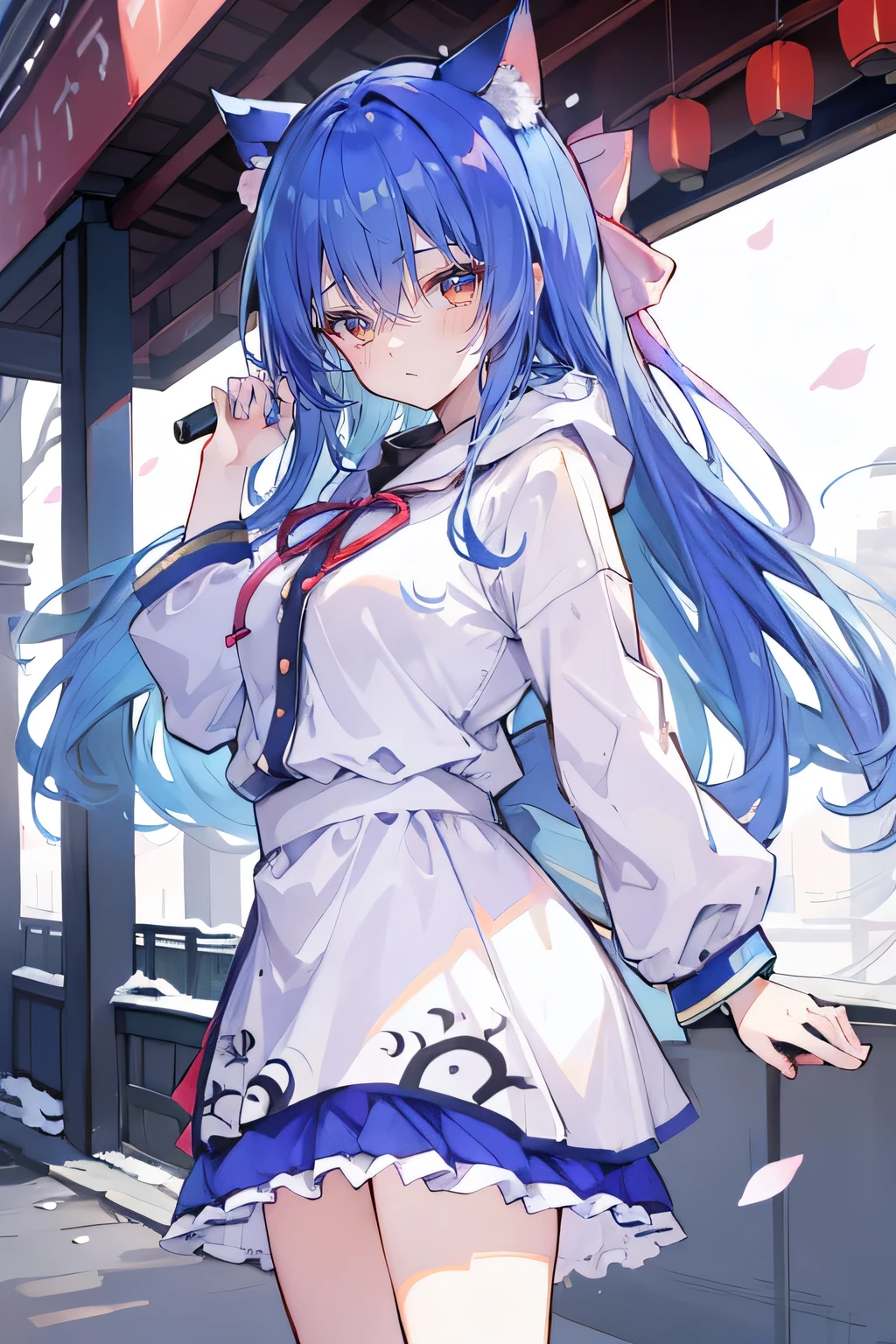 (masterpiece:1.2),Super detailed,lifelike,Expressive eyes,fair skin,perfect face shape,1 girl,
Japanese comics,Gorgeous blue hair,flowing blue hair,flowing clothes,Cat ears,Petals fall,beautiful lola,Baby Angel,
Shaking head with one hand,Cross your legs,Gentle and peaceful background,The pavilion is cool and comfortable,smile, wearing hoodie, background of tokyo,back views,snowing, winter.