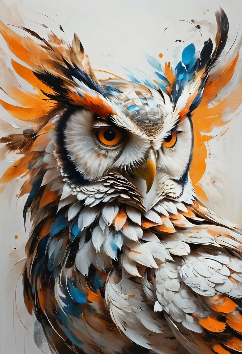"Visualize an interpretation of an owl. To capture its movement and energy in a unique and abstract way. Integrate strong brown, orange and white colors and sharp angles, to convey a feeling of movement and tension. Play with perspective and layering, to create a multidimensional composition, which questions traditional notions of space and form. Be inspired by the avant-garde spirit and see nature in a fresh and innovative light.. Unleash your creativity, as you bring this imaginative scene to life on the screen