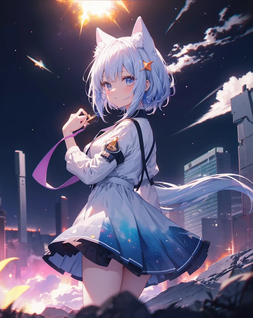 anime nekogirl, with neko ears, looking at a shooting star above the clouds, highly detailed raw color photo, dynamic pose, (cosmic: 1.4), (necropolis: 1.1), (science fiction setting), chromatic aberration, depth of field, soft lighting, masterpiece, best quality, intricate, (lens reflection: 0.7), (flowering: 0.7), particle effects, ray tracing. She's holding a plush.she has tremendous power.