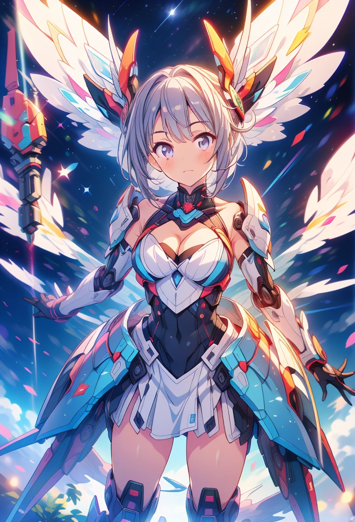 score_9, score_8_up, score_7_up, source_anime,masterpiece, best quality, high resolution, extremely detailed CG, absurdres, highres, a mecha girl with huge mecha_wings and lighted up hair flying in the night sky, 1girl, solo, cleavage, thighs, looking at viewer, mecha musume,Colorful portraits