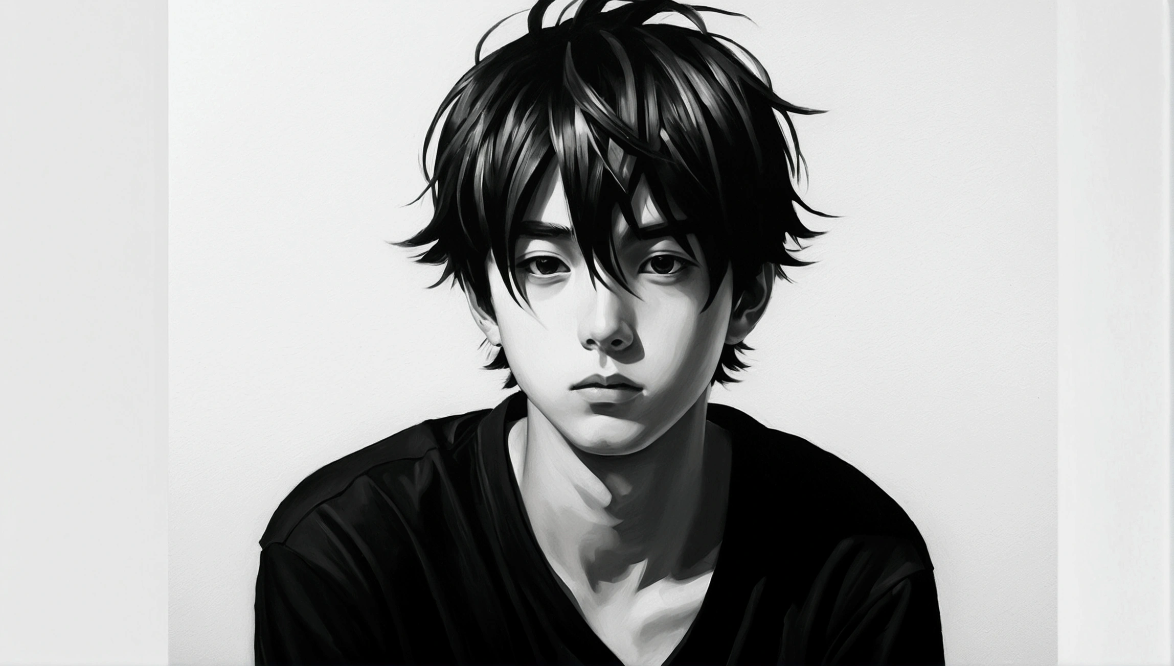 Manga boy in oil painting,  black andwhite