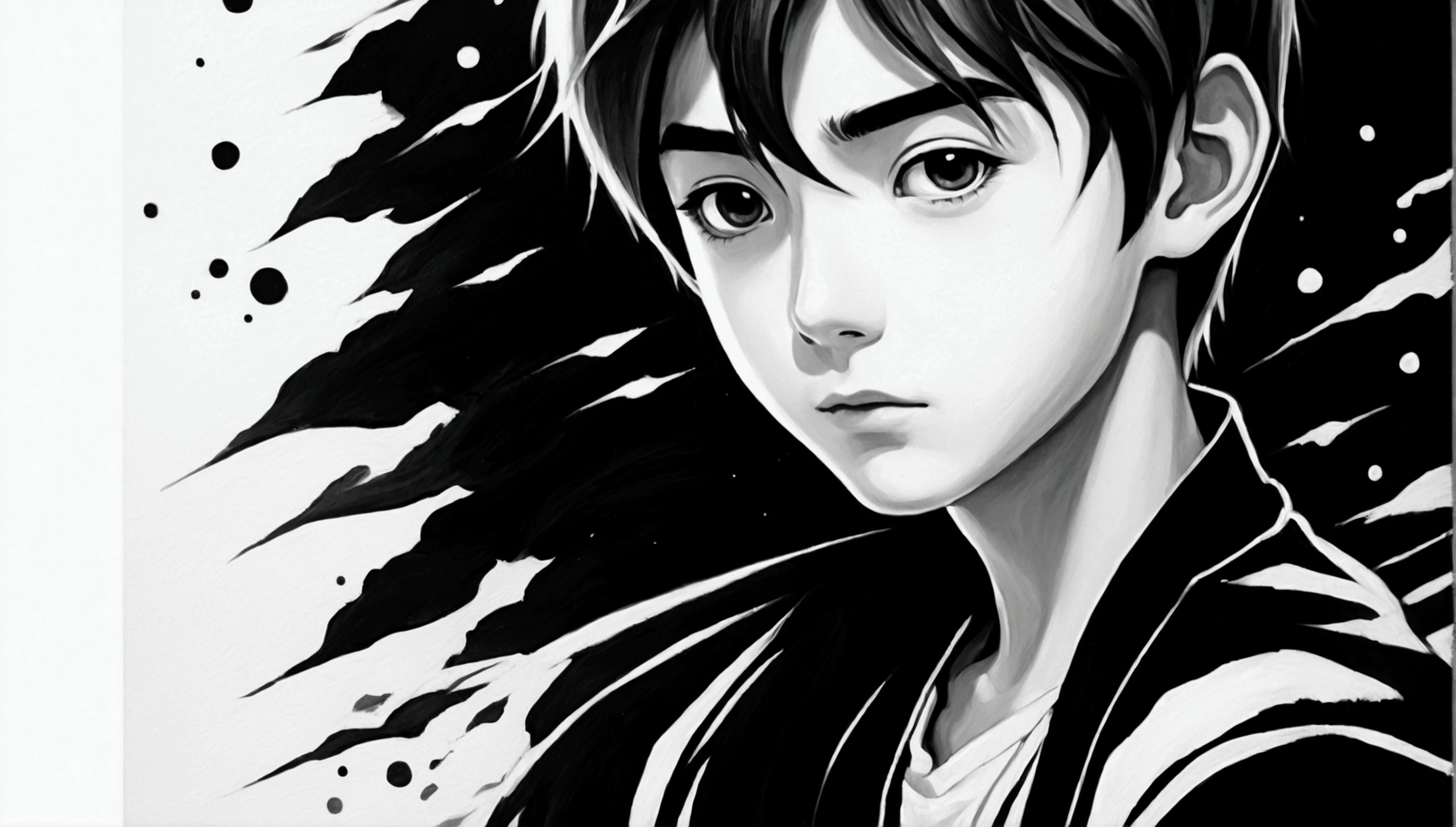 Manga boy in oil painting, black andwhite