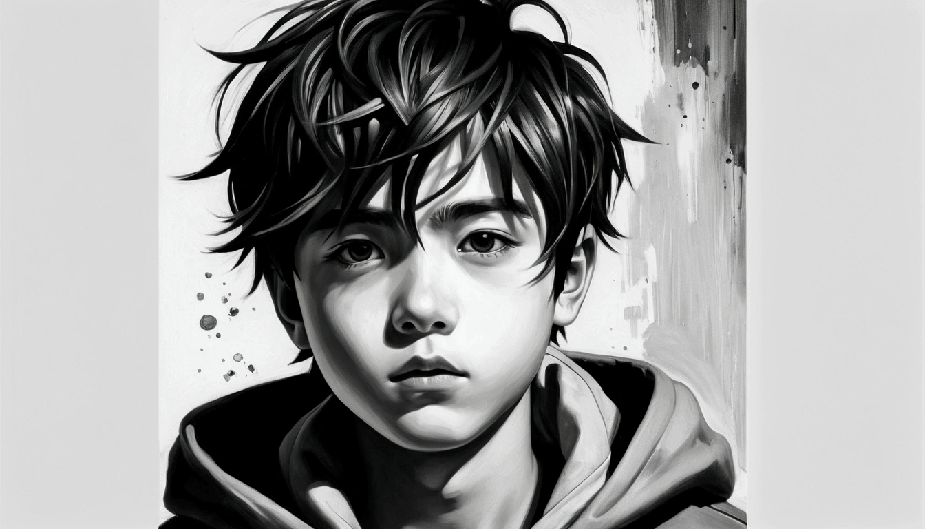 Manga boy in oil painting,  black andwhite