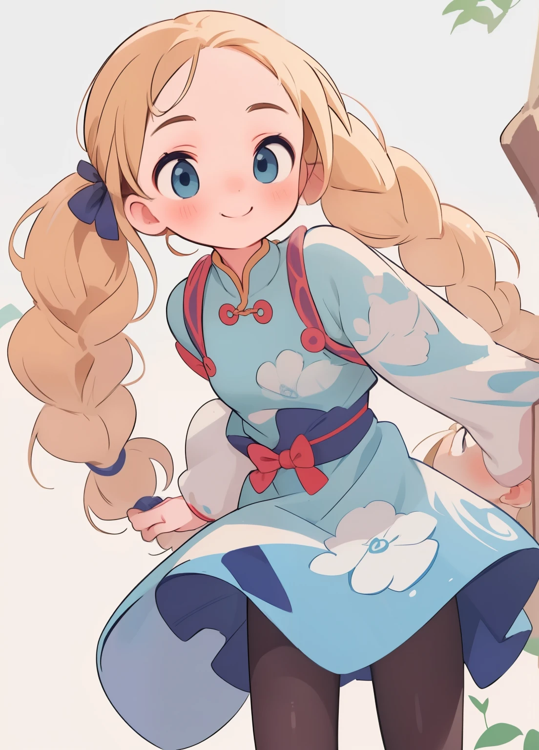 (masterpiece、Highest quality、Highest quality、Official Art、Beautiful and beautiful:1.2)、(One girl:1.3)Hatsune Miku、Twin tails,Beautiful breasts, Katsushika Hokusai, (masterpiece), ((Highest quality)), (Very detailed), (Beautiful eyes Beautiful details Eyes, Clean and delicate face), Single braided blonde ponytail, Parted bangs, amount, blue eyes, smile, Wearing a high-end mini Chinese dress, No sleeve, pantyhose, thigh, Alphonse Mucha