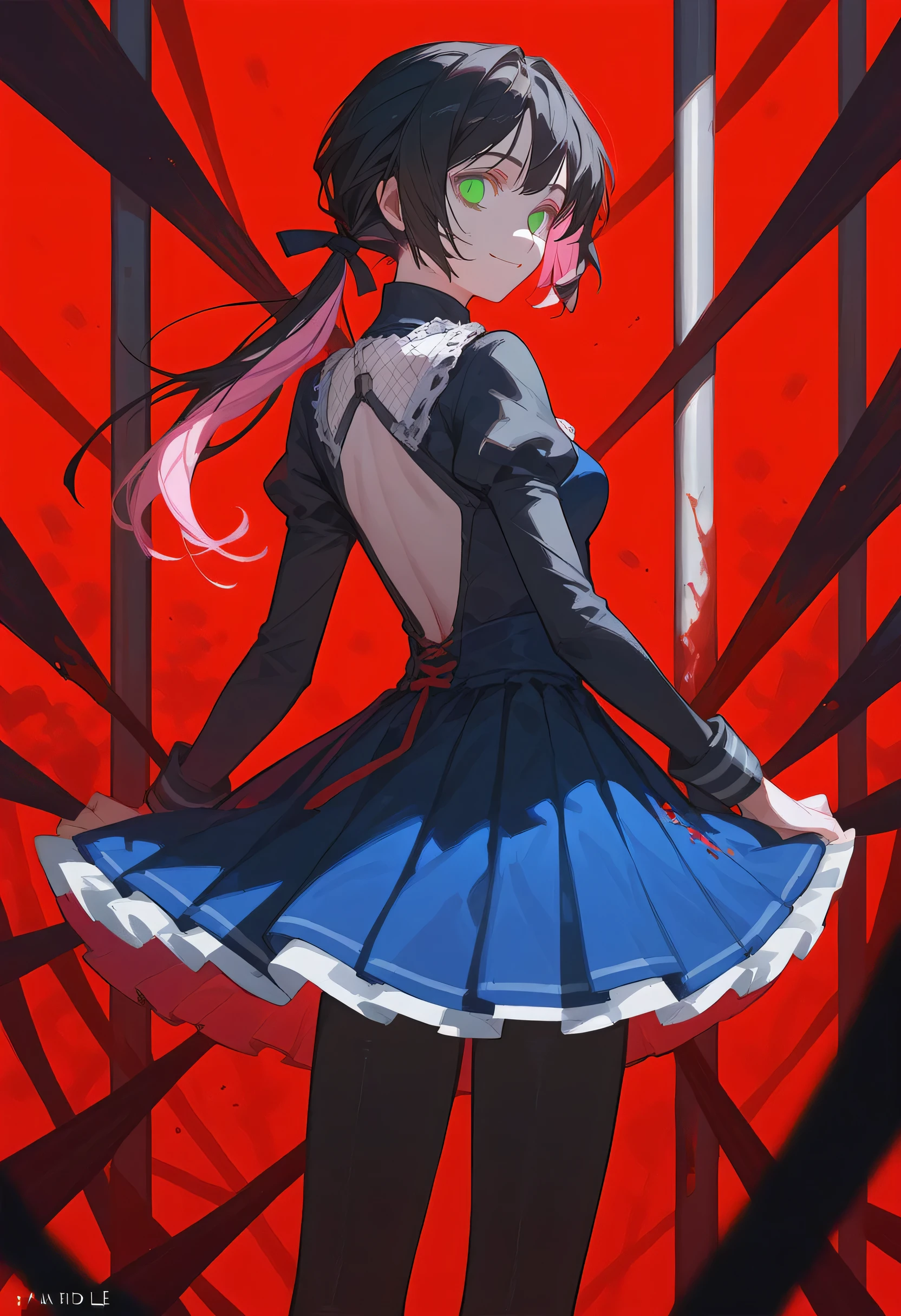 Masterpiece, of the best quality, 1 girl, colorful hair, Yandel, big and small breasts, tall legs, bloodstains, short hair, skirt, pleated skirt, smile, username, smile, medium breasts, pink hair, smile, looking at the audience, blue dress, black bodysuit, green eyes, blood, black hair, pantyhose, blood on weapons, empty eyes, {double ponytail hair}, eternity, character name, smiling eyes, red background, pink blood, back of hand, long hair, prison background, Lolita, back of hand