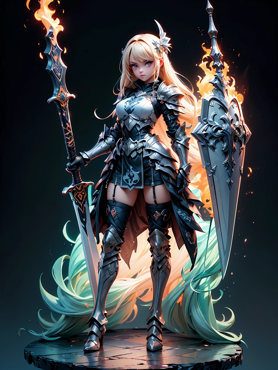 (((masterpiece, best quality, high detailed, 8k))) Design a layout showcase Gaming character, (1girl). Black dragon armor, extremely detailed, stylish and unique. ((showcase weapon:1.4)), shield and sword, with a black fire aura. (masterpiece:1.2), (best quality), 4k, ultra-detailed. (Step by step design, layout art:1.5), (luminous lighting, atmospheric lighting). dragon warrior, ((glove full hands)), (((revealing clothes:1.3))), vambraces, armored legwear, (((full_body_shot:1.4))). {In a fiery battlefield}