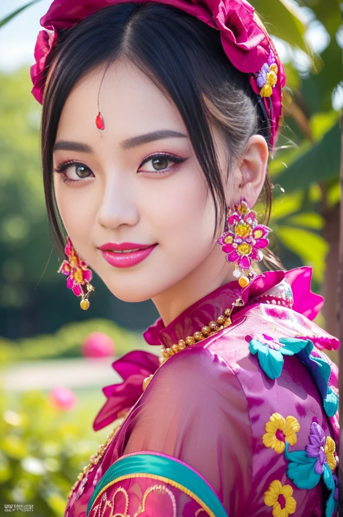 (masterpiece:1.4), (best quality:1.4), ultra high res, ultra high resolution, ((detailed facial features)), HDR, (realistic, photorealistic, photo-realistic:1.37), full body Esbian, sexy Vietnamese model, (-anime), only 1 model, vivid colors, ((vivid colors multicolor (fuchsia, pink, light blue, purple) very short hair)), (big smile), lip-gloss, long lashes, defined eyebrows, wearing large sparkling colorful jewelery, wearing a red silk Paradise Kiss cosplay dress with black floral embroidery, ((vivid colors outfit)), vivid colors, look at the camera, cinematic light, large park background with trees, sweet and sexy pose