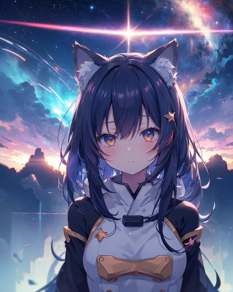 anime nekogirl, with neko ears, looking at a shooting star above the clouds, highly detailed raw color photo, dynamic pose, (cosmic: 1.4), (necropolis: 1.1), (science fiction setting), chromatic aberration, depth of field, soft lighting, masterpiece, best quality, intricate, (lens reflection: 0.7), (flowering: 0.7), particle effects, ray tracing