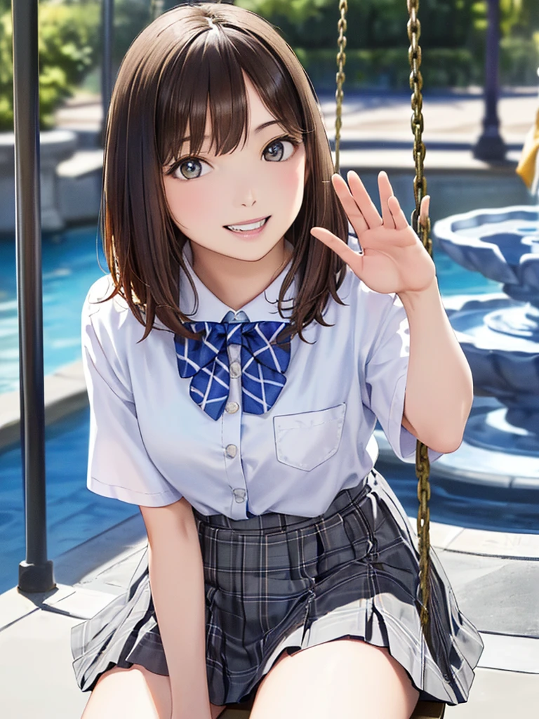 (Highest quality、8k、32K、masterpiece)、(Realistic)、(Realistic:1.2)、(High resolution)、Very detailed、Very beautiful face and eyes、(((Women's Solo Shot)))、Tight waist、(Highest quality、Attention to detail、Rich skin detail)、(Highest quality、8k、Oil paints:1.2)、(Realistic、Realistic:1.37)、Bright colors、(((Cowboy Shot)))、(((Bob Hair)))、(((Medium Hair)))、(((He has a happy face.)))、((smile))、(((Brown Hair)))、((Collared short-sleeved shirt, White shirt, , Grey plaid pleated skirt, Blue checked bow tie), )、(((Park during the day)))、(((Waving right hand)))、(((There is a fountain)))、(((Sitting on a swing)))、(((Teeth are visible)))