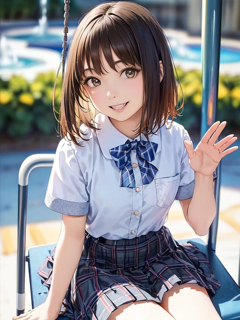 (Highest quality、8k、32K、masterpiece)、(Realistic)、(Realistic:1.2)、(High resolution)、Very detailed、Very beautiful face and eyes、(((Women's Solo Shot)))、Tight waist、(Highest quality、Attention to detail、Rich skin detail)、(Highest quality、8k、Oil paints:1.2)、(Realistic、Realistic:1.37)、Bright colors、(((Cowboy Shot)))、(((Bob Hair)))、(((Medium Hair)))、(((He has a happy face.)))、((smile))、(((Brown Hair)))、((Collared short-sleeved shirt, White shirt, , Grey plaid pleated skirt, Blue checked bow tie), )、(((Park during the day)))、(((Waving right hand)))、(((There is a fountain)))、(((Sitting on a swing)))、(((Teeth are visible)))