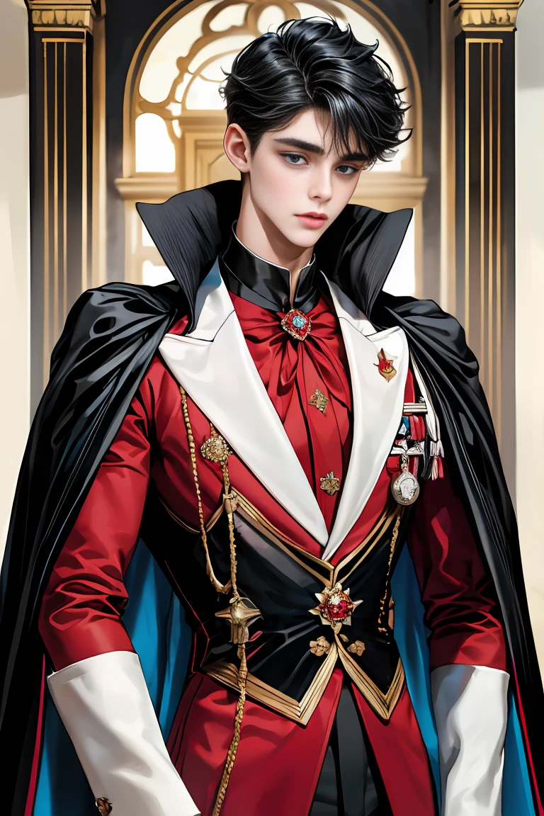 masterpiece, 最high quality, high quality, 1 boy, alone, Male focus, Watching the audience, Messy black hair, Adorable big blue eyes, White, Noble, Noble,A sexy, voluminous, puffy cape、tuxedo、A very voluminous, large, very large, very large, long, long red and black cape with a high stand-up collar, made of a lot of fabric that reaches down to the floor., ,Cute beautiful boys,Cute, cute, kind, handsome guy