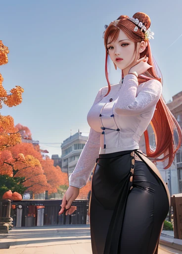 photorealistic, high resolution, masterpiec e best quality ultra-detailed, 1women. (m edium breast), hair bun, jesmine flower o n the head, mature female, solo, hips up, (wearing acmmsayarma outfit, acmmsaya rma ( redhead ♥️ top ) with buttons, long sleeves), ((acmmsayarma black long skirt)