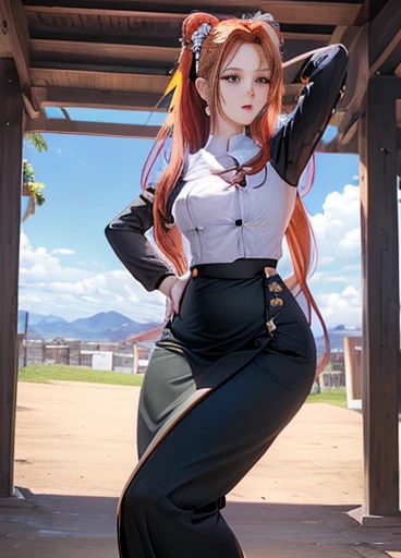photorealistic, high resolution, masterpiec e best quality ultra-detailed, 1women. (m edium breast), hair bun, jesmine flower o n the head, mature female, solo, hips up, (wearing acmmsayarma outfit, acmmsaya rma ( redhead ♥️ top ) with buttons, long sleeves), ((acmmsayarma black long skirt)