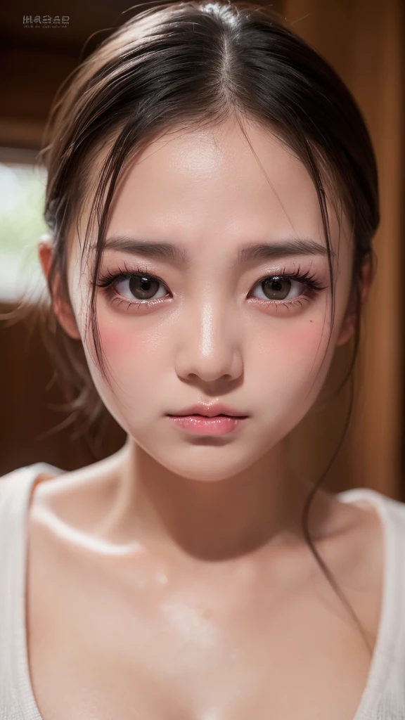 Face Focus, highest quality、超A high resolution、(Photorealistic:1.4)、1 girl、 uniform、Dark Eyes、(Faded dark brown hair:1)、Twin tail hair、(Small breasts:1.2)、View your viewers、Close-up、Slightly red cheeks、Scared face、Old apartment background