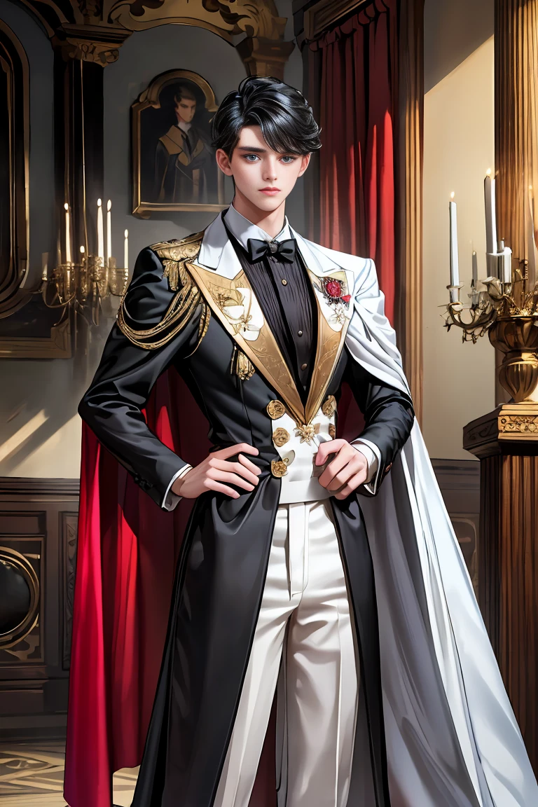 
masterpiece, 最high quality, high quality, 1 boy, alone, Male focus, Watching the audience,  Messy black hair, Adorable big blue eyes, White, Noble, Noble,A sexy, voluminous, puffy cape、tuxedo、A very voluminous, large, very large, very large, long, long red and black cape with a high stand-up collar, made of a lot of fabric that reaches down to the floor., 17 years old,Cute beautiful boys,Cute, cute, kind, handsome guy