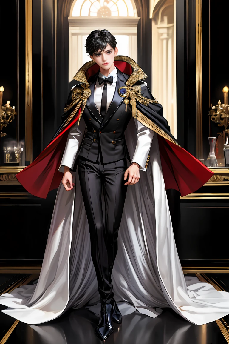 masterpiece, 最high quality, high quality, 1 boy, alone, Male focus, Watching the audience, Messy black hair, Adorable big blue eyes, White, Noble, Noble,A sexy, voluminous, puffy cape、tuxedo、A very voluminous, large, very large, very large, long, long red and black cape with a high stand-up collar, made of a lot of fabric that reaches down to the floor., 17 years old,Cute beautiful boys,Cute, cute, kind, handsome guy