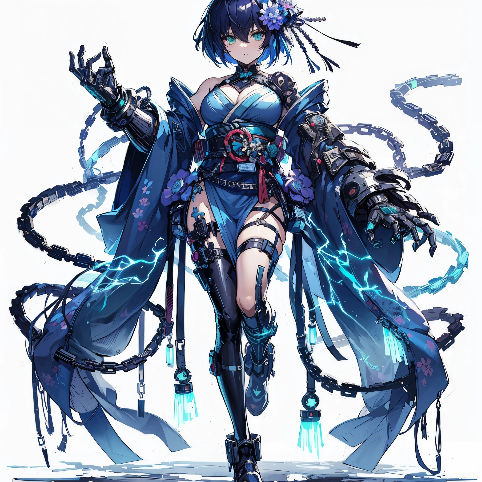 (masterpiece, Best Quality), (detailed hairs), Ultra-detailed, anime style, Full body, solo, Cyberpunk geisha girl, dark blue medium short hair and flower hair accessory, beautiful green eyes, cyber-KIMONO dress, bulky gauntlet with lightning chains wrapped, supernatural lightning, high-heeled boots, white background, whole body, tall and stylish, VERY MASSIVE. Muscular, standing full length, standing on wasted earth,