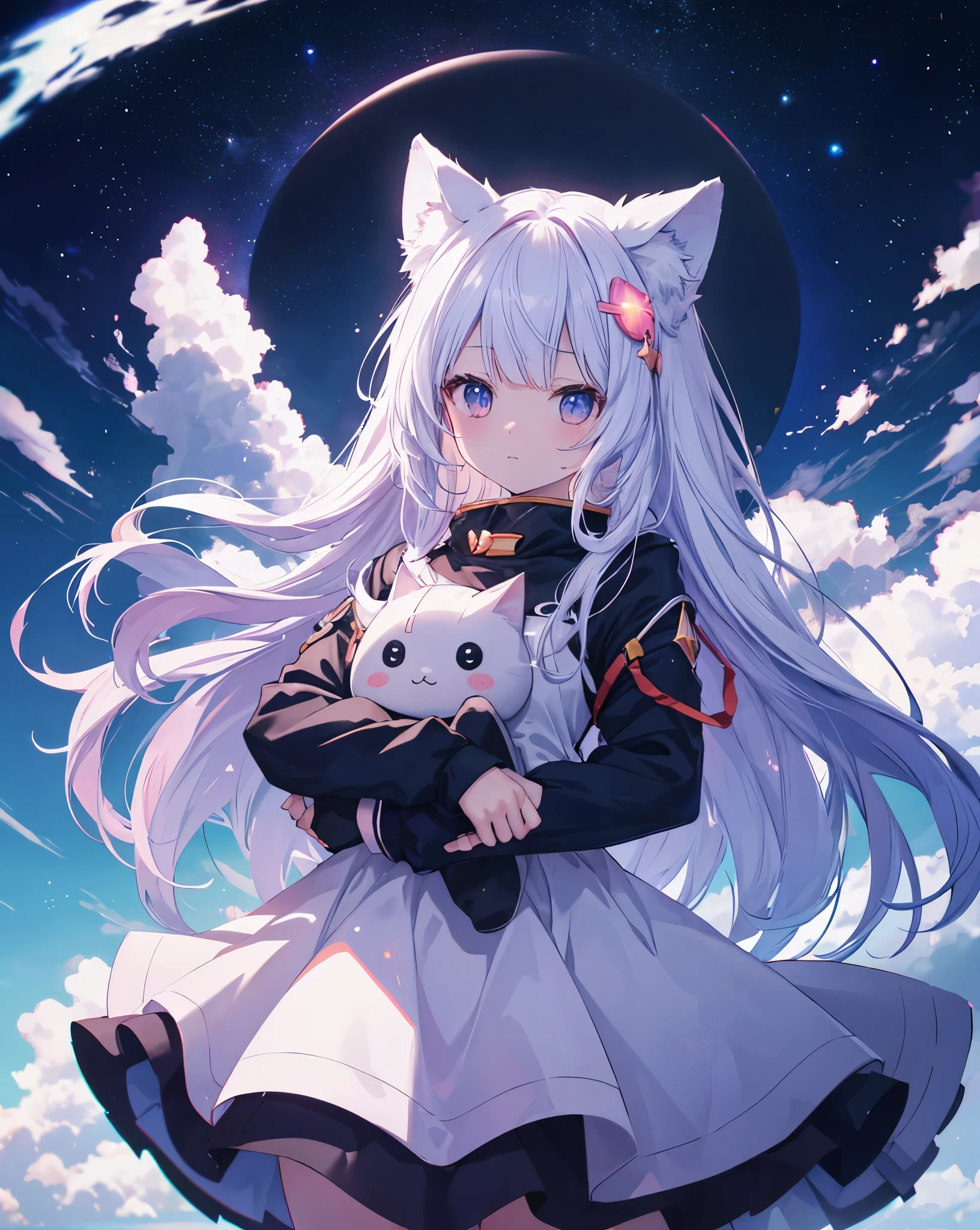 anime nekogirl, with neko ears, looking at a shooting star above the clouds, highly detailed raw color photo, dynamic pose, (cosmic: 1.4), (necropolis: 1.1), (science fiction setting), chromatic aberration, depth of field, soft lighting, masterpiece, best quality, intricate, (lens reflection: 0.7), (flowering: 0.7), particle effects, ray tracing. She's holding a plush.she has tremendous power.