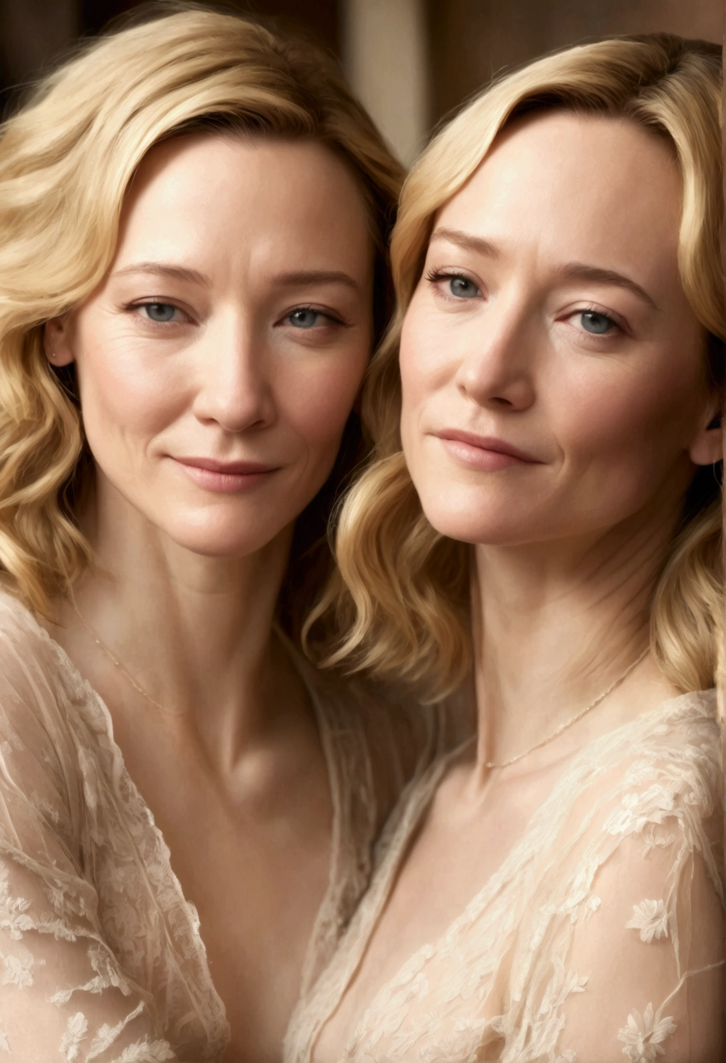 (Cate Blanchett, age 25), (brie larson, age 25) are in sheer airy negligees, kissing and exploring each other, lesbian love, oral sex, lewd poses, big comfy bed