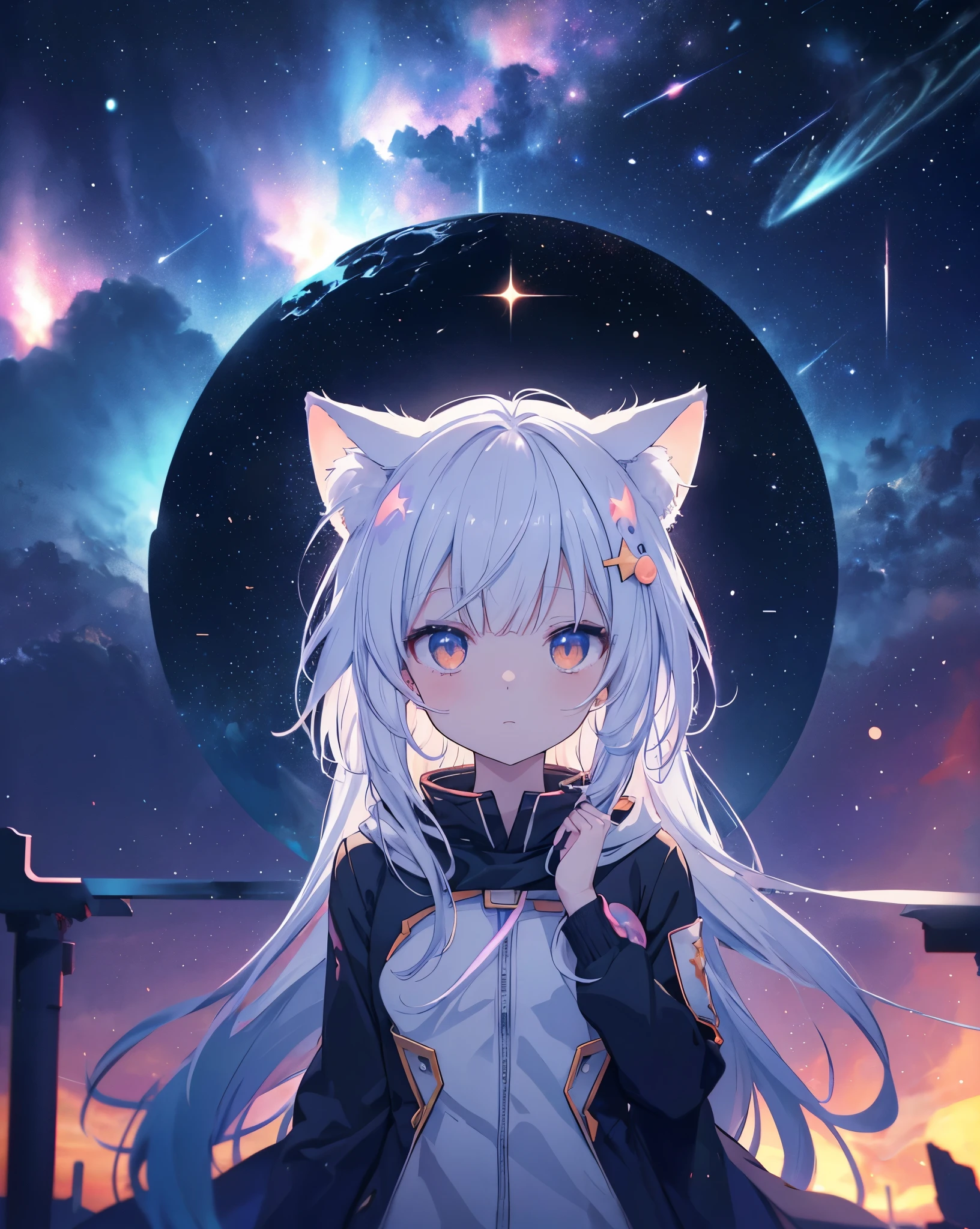 anime nekogirl, with neko ears, looking at a shooting star above the clouds, highly detailed raw color photo, dynamic pose, (cosmic: 1.4), (necropolis: 1.1), (science fiction setting), chromatic aberration, depth of field, soft lighting, masterpiece, best quality, intricate, (lens reflection: 0.7), (flowering: 0.7), particle effects, ray tracing