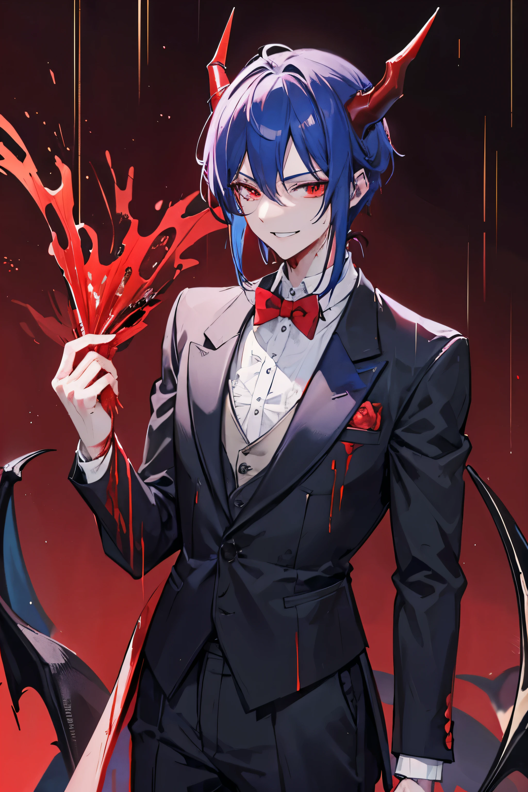 A handsome man, demon, butler, control blood, smiling, red crimson eyes color, dark blue hair color, demon horns, demon tails, demon wing, a lot of blood going around the place, 27-year-old, laughing, bloody rain, holding blood rose.