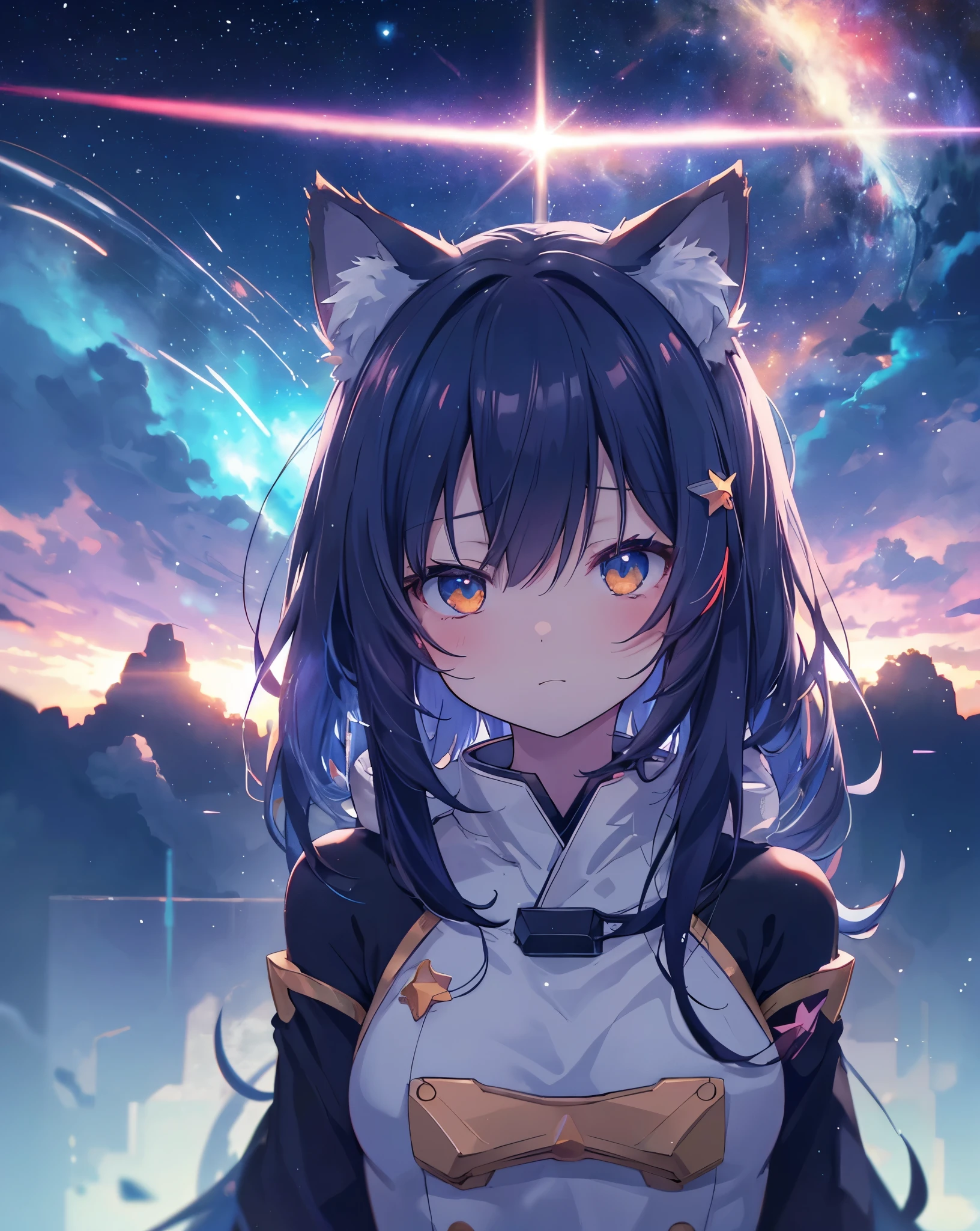 anime nekogirl, with neko ears, looking at a shooting star above the clouds, highly detailed raw color photo, dynamic pose, (cosmic: 1.4), (necropolis: 1.1), (science fiction setting), chromatic aberration, depth of field, soft lighting, masterpiece, best quality, intricate, (lens reflection: 0.7), (flowering: 0.7), particle effects, ray tracing