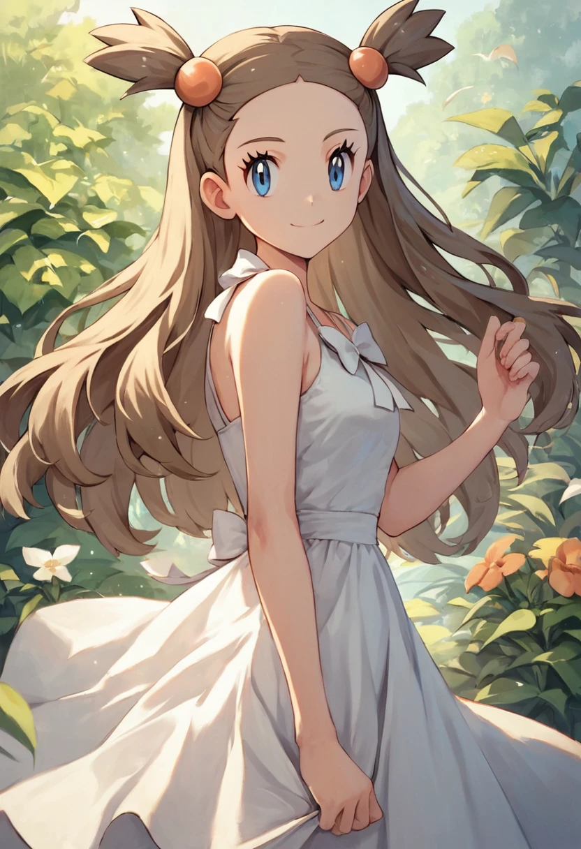 score_9, score_8_up, score_7_up, source anime,(masterpiece, best quality:1.2,ultra detailed,8k),1girl,solo,Jasmine \(pokemon\),bare shoulders,white sundress,blue eyes,brown hair,long hair,looking at viewer,sleeveless,two side up,white bow,hair ornament,smile,cowboy shot
