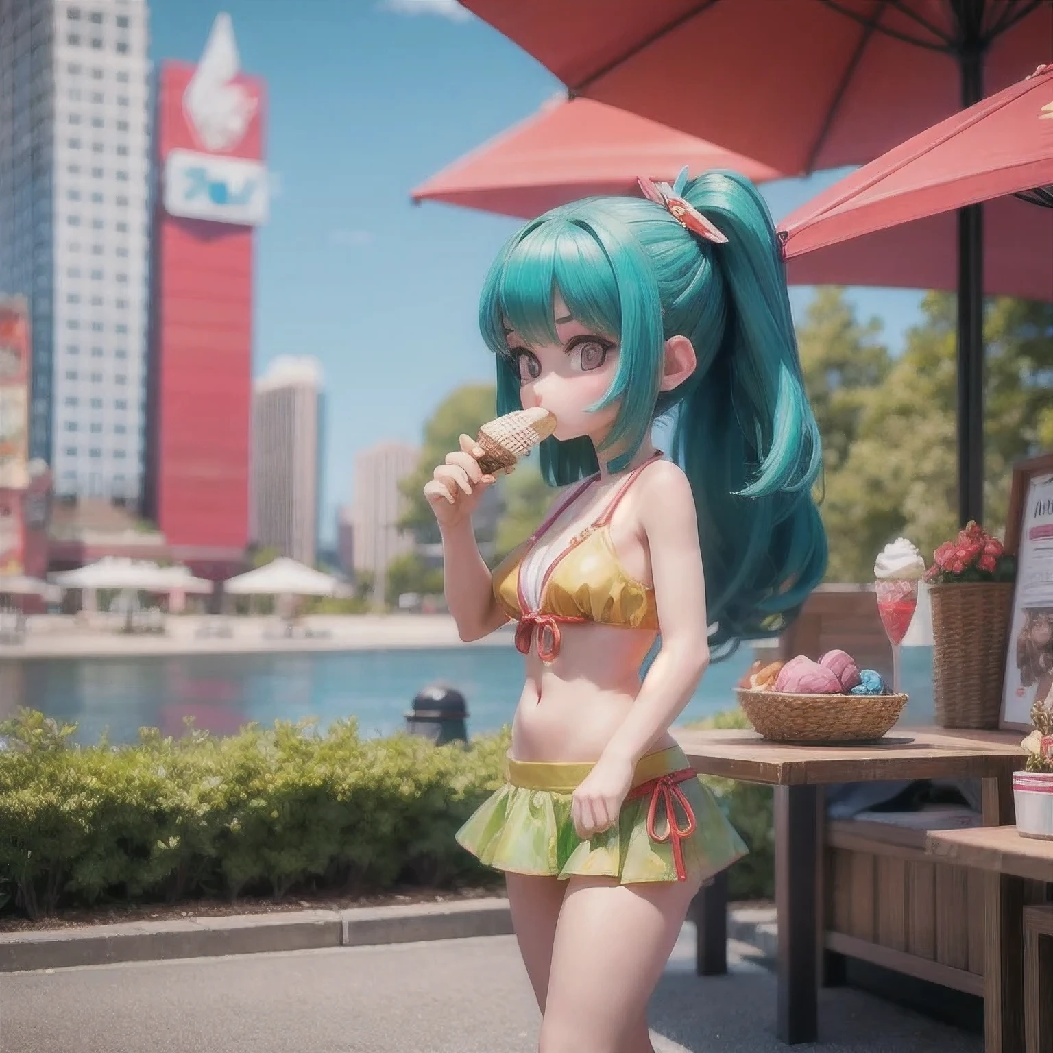 girl in a bikini eating an ice cream cone, eating ice cream, in a bikini, angela white, giorgia meloni, katy perry, in bikini, eating ice - cream, wearing spandex bikini, ice cream on the side, bikini, ice cream, wearing a bikini, candid photo of dirty, shiny plastic bikini, candid shot, cone, 1 girl, solo,in a green dress standing by a wall,portrait of female idol