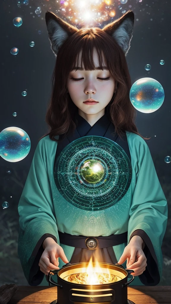 by enki bilal, camping stove, awareness, enjoyment, gratitude, color, imagination, observation, naturalistic, intuition, sleeping bag, magical atmosphere, magnetic, chestnut hair, depressing, futurism, floating orbs, diamond body, surrounded by light green bubbles, japanese mythology, wolf ears, bubbles in background, a beautiful girl, reflected light, open legs, psychedelic art, dark brown eyes, fascinating, upper body selfie, chronomancy theme