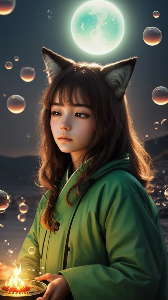 by enki bilal, camping stove, awareness, enjoyment, gratitude, color, imagination, observation, naturalistic, intuition, sleeping bag, magical atmosphere, magnetic, chestnut hair, depressing, futurism, floating orbs, diamond body, surrounded by light green bubbles, japanese mythology, wolf ears, bubbles in background, a beautiful girl, reflected light, open legs, psychedelic art, dark brown eyes, fascinating, upper body selfie, chronomancy theme