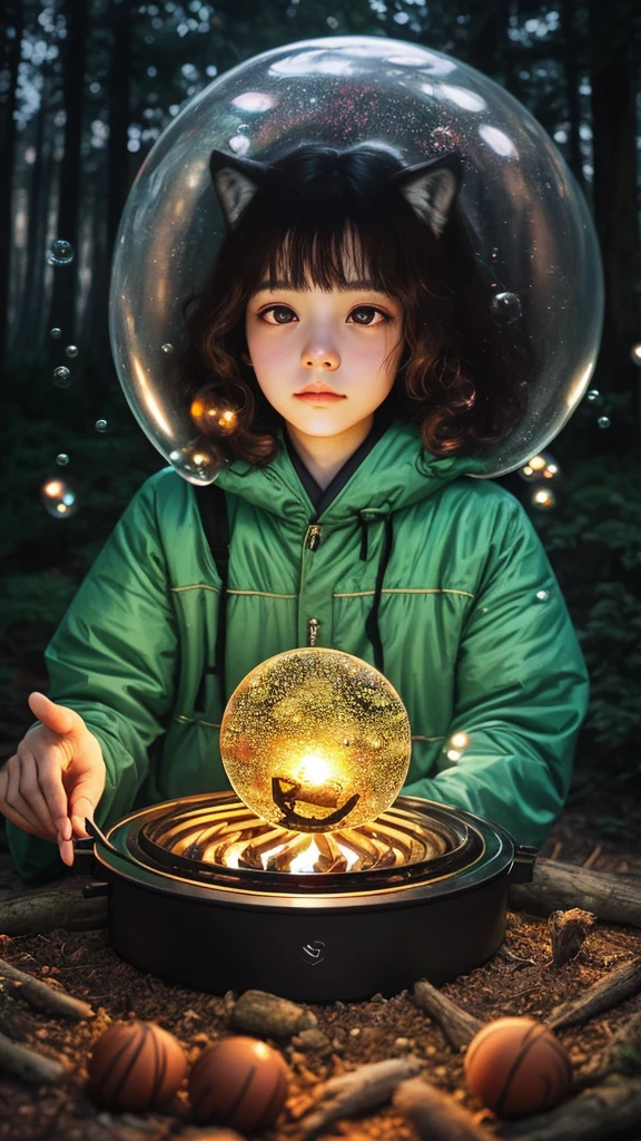 by enki bilal, camping stove, awareness, enjoyment, gratitude, color, imagination, observation, naturalistic, intuition, sleeping bag, magical atmosphere, magnetic, chestnut hair, depressing, futurism, floating orbs, diamond body, surrounded by light green bubbles, japanese mythology, wolf ears, bubbles in background, a beautiful girl, reflected light, open legs, psychedelic art, dark brown eyes, fascinating, upper body selfie, chronomancy theme