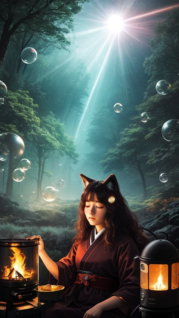 by enki bilal, camping stove, awareness, enjoyment, gratitude, color, imagination, observation, naturalistic, intuition, sleeping bag, magical atmosphere, magnetic, chestnut hair, depressing, futurism, floating orbs, diamond body, surrounded by light green bubbles, japanese mythology, wolf ears, bubbles in background, a beautiful girl, reflected light, open legs, psychedelic art, dark brown eyes, fascinating, upper body selfie, chronomancy theme