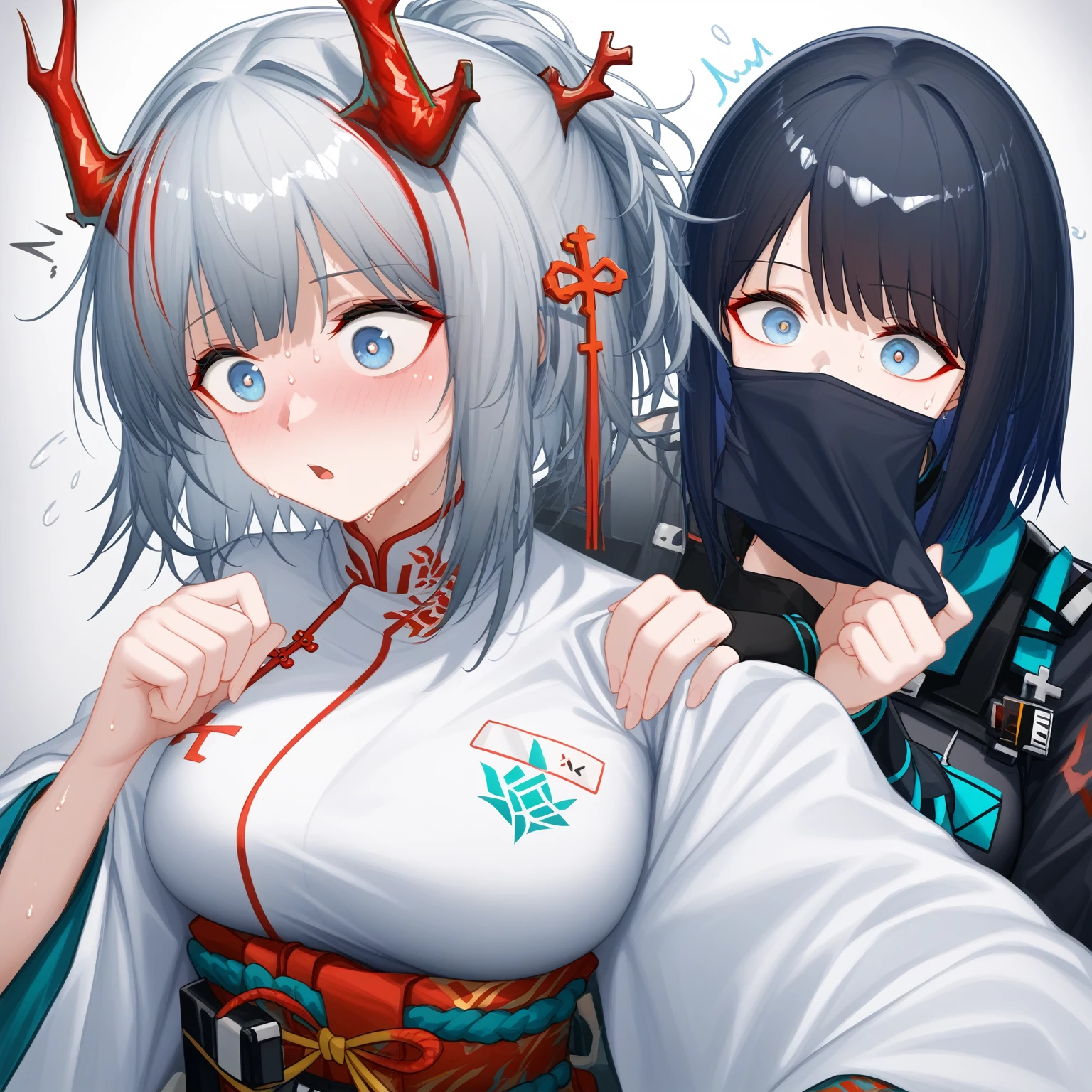 2girls, nian (arknights), cross-eyed, surprised, sweating, (evil kunoichi with icy blue eyes and short dark hair sneaking behind her, kunai in hand)