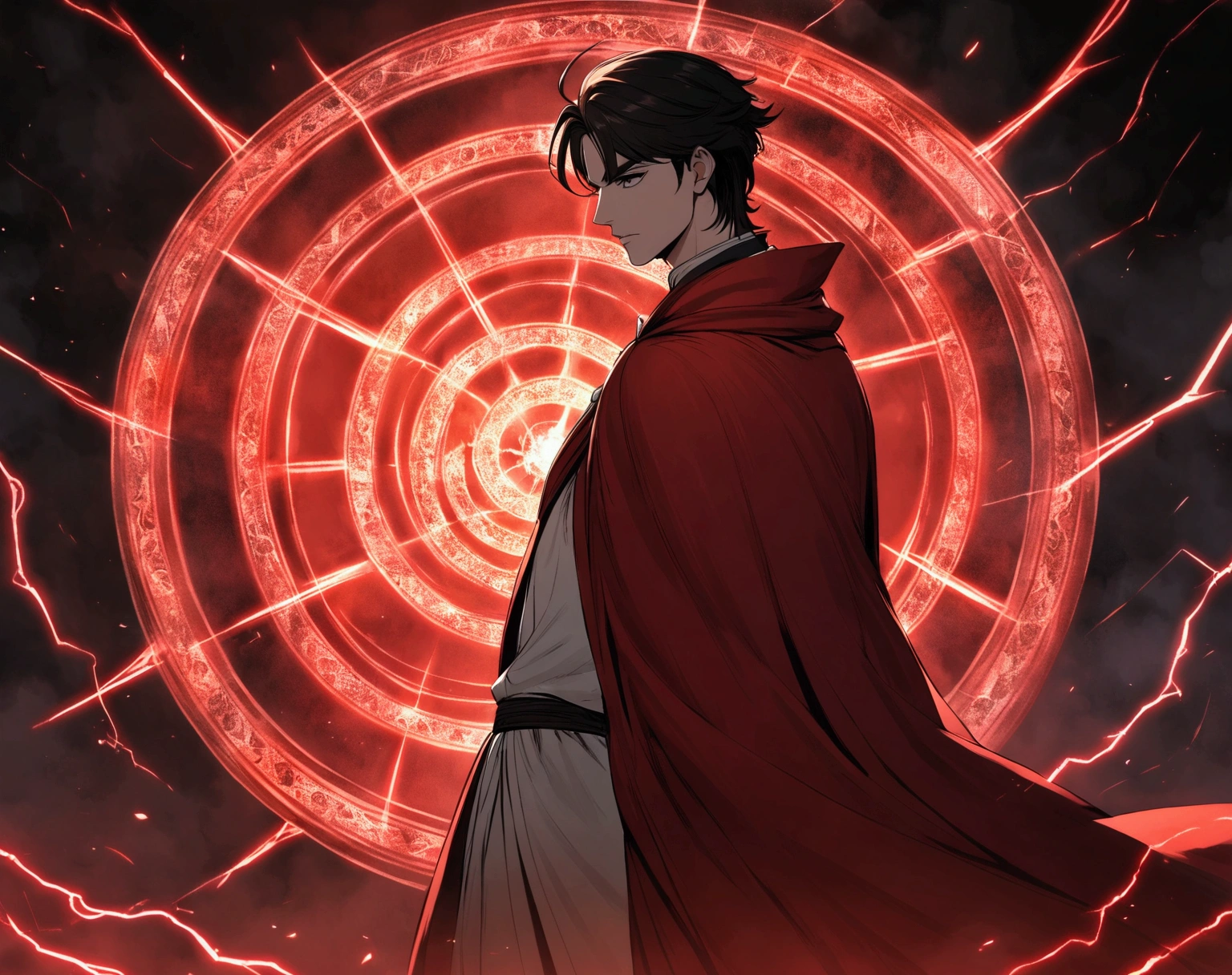 A man wearing a red cloak, dourado e branco, behind him there is a magic circle made of lightning