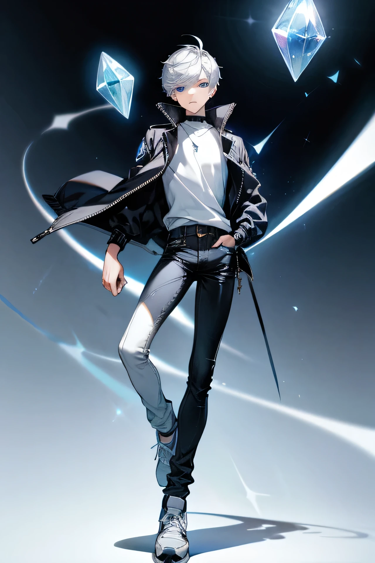 Appearance: Male, Short silver hair, Crystal blue eyes that are easily mistaken with white. Pale skin. Height about 174 cm. Usually wear an unzipped black jacket with white trim with white shirt underneath. Wear a black jeans, a pair of black sneakers with white trims and laces.
Personality: Cool, Composed, Friendly, Loyal, Observant, Confident