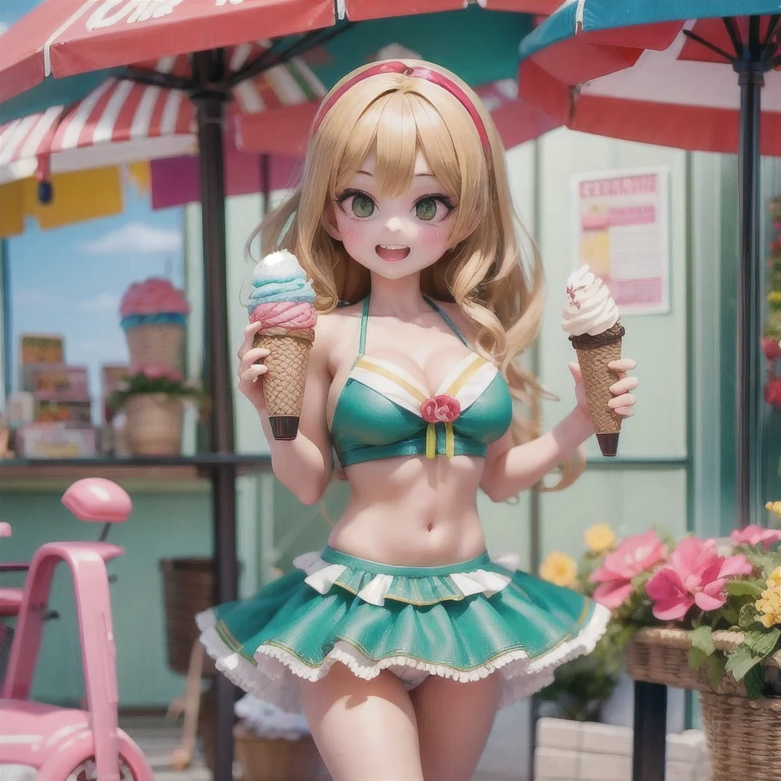 girl in a bikini eating an ice cream cone, eating ice cream, in a bikini, angela white, giorgia meloni, katy perry, in bikini, eating ice - cream, wearing spandex bikini, ice cream on the side, bikini, ice cream, wearing a bikini, candid photo of dirty, shiny plastic bikini, candid shot, cone, 1 girl, solo,in a green dress standing by a wall,portrait of female idol