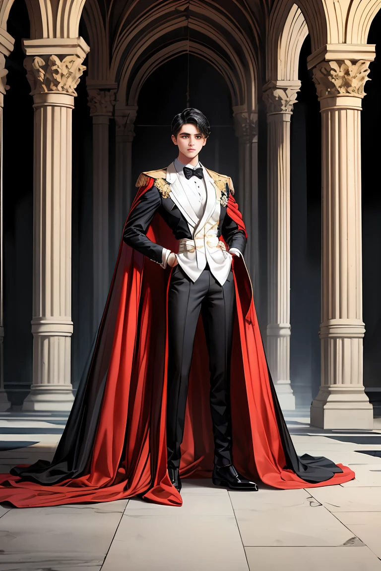 masterpiece, 最high quality, high quality, 1 boy, alone, Male focus, Watching the audience, Messy black hair, Adorable big blue eyes, White, Noble, Noble,A sexy, voluminous, puffy cape、tuxedo、A very voluminous, large, very large, very large, long, long red and black cape with a high stand-up collar, made of a lot of fabric that reaches down to the floor., 17 years old,Cute beautiful boys,Cute, cute, kind, handsome guy