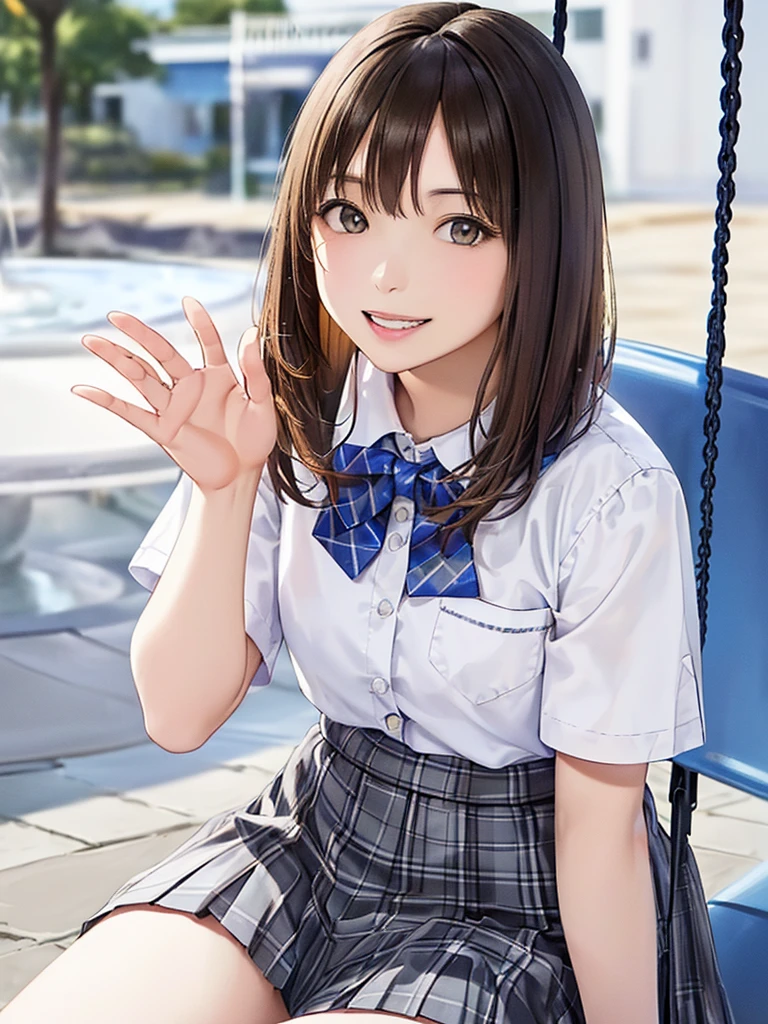 (Highest quality、8k、32K、masterpiece)、(Realistic)、(Realistic:1.2)、(High resolution)、Very detailed、Very beautiful face and eyes、(((Women's Solo Shot)))、Tight waist、(Highest quality、Attention to detail、Rich skin detail)、(Highest quality、8k、Oil paints:1.2)、(Realistic、Realistic:1.37)、Bright colors、(((Cowboy Shot)))、(((Bob Hair)))、(((Medium Hair)))、(((He has a happy face.)))、((smile))、(((Brown Hair)))、((Collared short-sleeved shirt, White shirt, , Grey plaid pleated skirt, Blue checked bow tie), )、(((Park during the day)))、(((Waving right hand)))、(((There is a fountain)))、(((Sitting on a swing)))、(((Teeth are visible)))