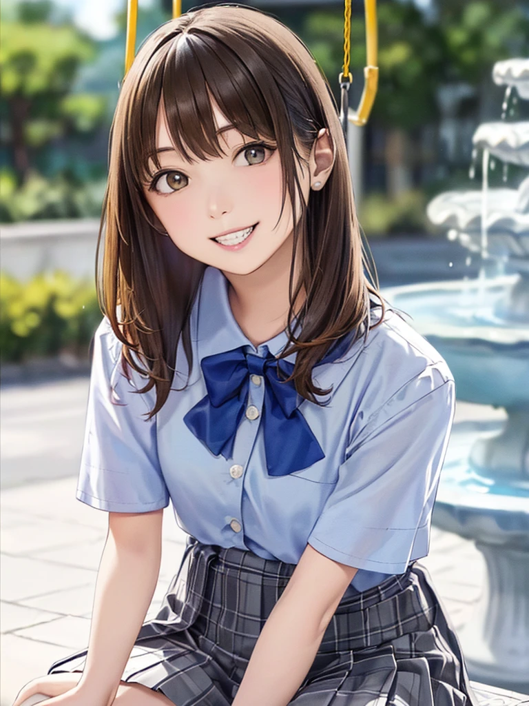 (Highest quality、8k、32K、masterpiece)、(Realistic)、(Realistic:1.2)、(High resolution)、Very detailed、Very beautiful face and eyes、(((Women's Solo Shot)))、Tight waist、(Highest quality、Attention to detail、Rich skin detail)、(Highest quality、8k、Oil paints:1.2)、(Realistic、Realistic:1.37)、Bright colors、(((Cowboy Shot)))、(((Bob Hair)))、(((Medium Hair)))、(((He has a happy face.)))、((smile))、(((Brown Hair)))、((Collared short-sleeved shirt, White shirt, , Grey plaid pleated skirt, Blue checked bow tie), )、(((Park during the day)))、(((Waving right hand)))、(((There is a fountain)))、(((Sitting on a swing)))、(((Teeth are visible)))