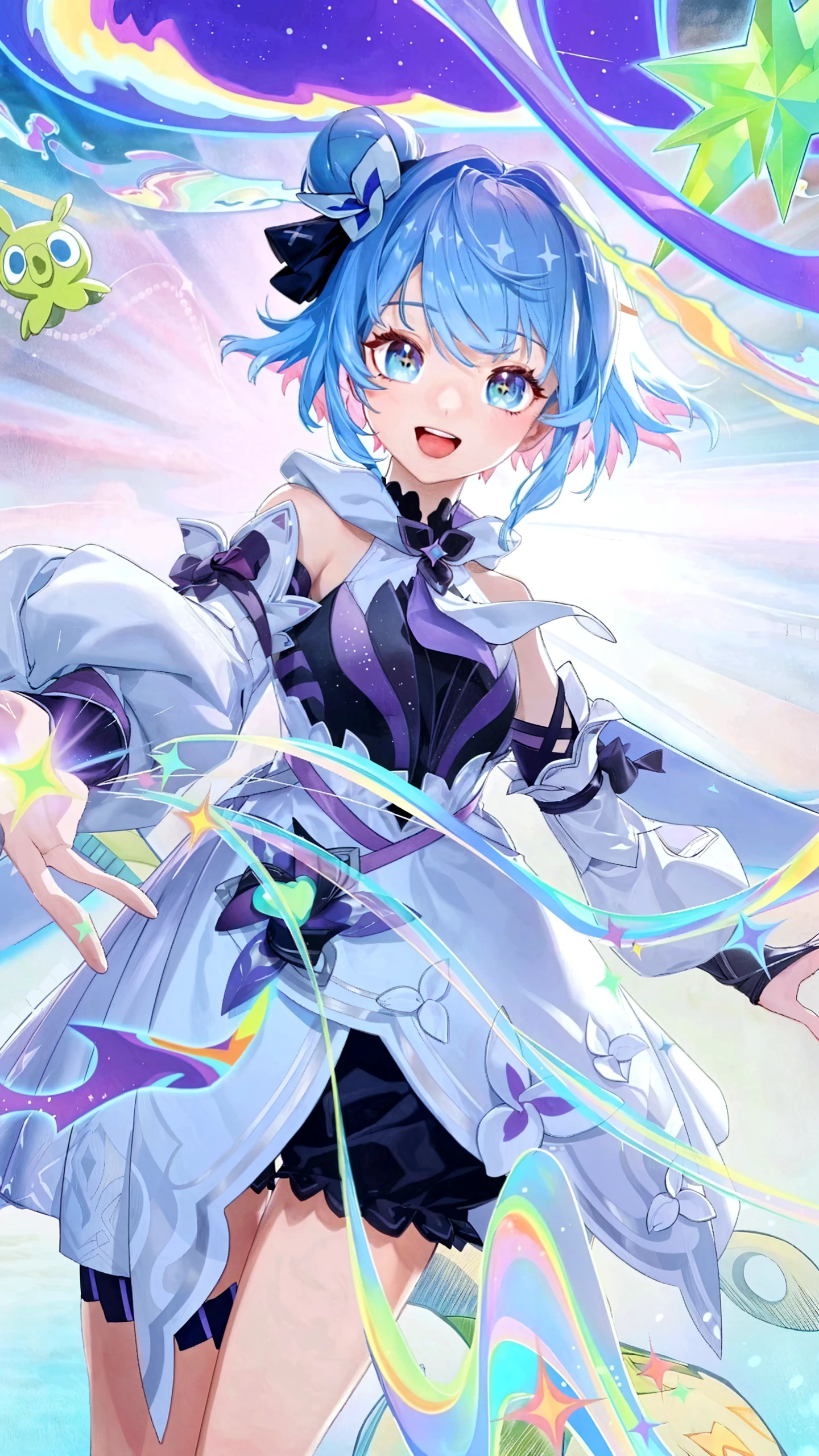 (masterpiece, best quality), 1girl, light blue hair, water hair, light blue eyes, flying petals, water blade, light blue water magic circle, light blue corset, black thighhighs, sidelighting, light particles, abstract,