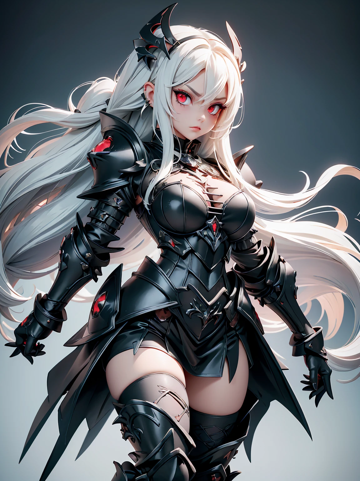 queen power armor , (gothic style), full body view , bellybutton, The most beautiful and sexy demon goddess, long white hair, glowing red eyes, wearing detailed black gothic battle armor, black angel wings, tattoos and piercings, gothic castle, perfect masterpiece, high quality, high resolution