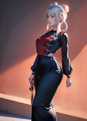 photorealistic, high resolution, masterpiec e best quality ultra-detailed, 1women. (m edium breast), hair bun, jesmine flower o n the head, mature female, solo, hips up, (wearing acmmsayarma outfit, acmmsaya rma ( red ♥️ top ) with buttons, long sleeves), ((acmmsayarma black long skirt)